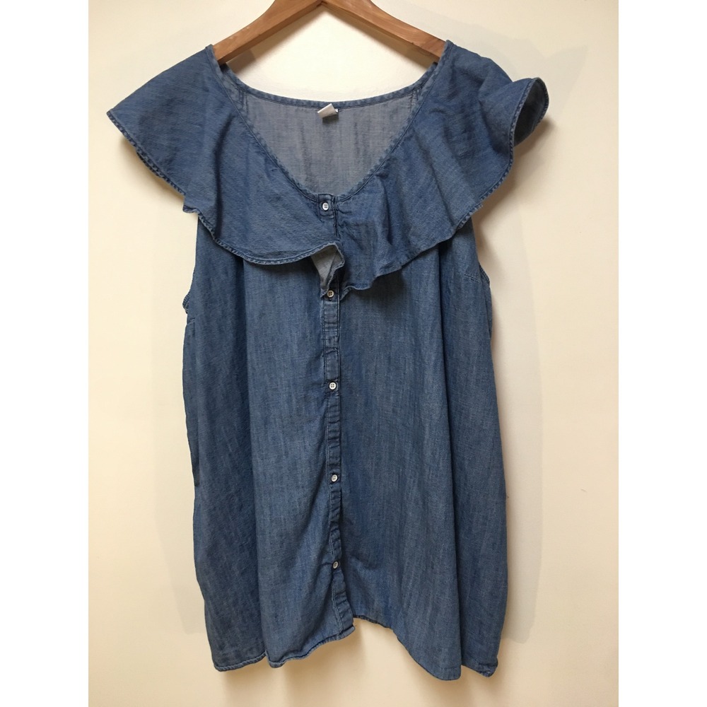 Old Navy Denim Ruffle V-Neck Blouse Women 4X Blue Sleeveless Button Down Western